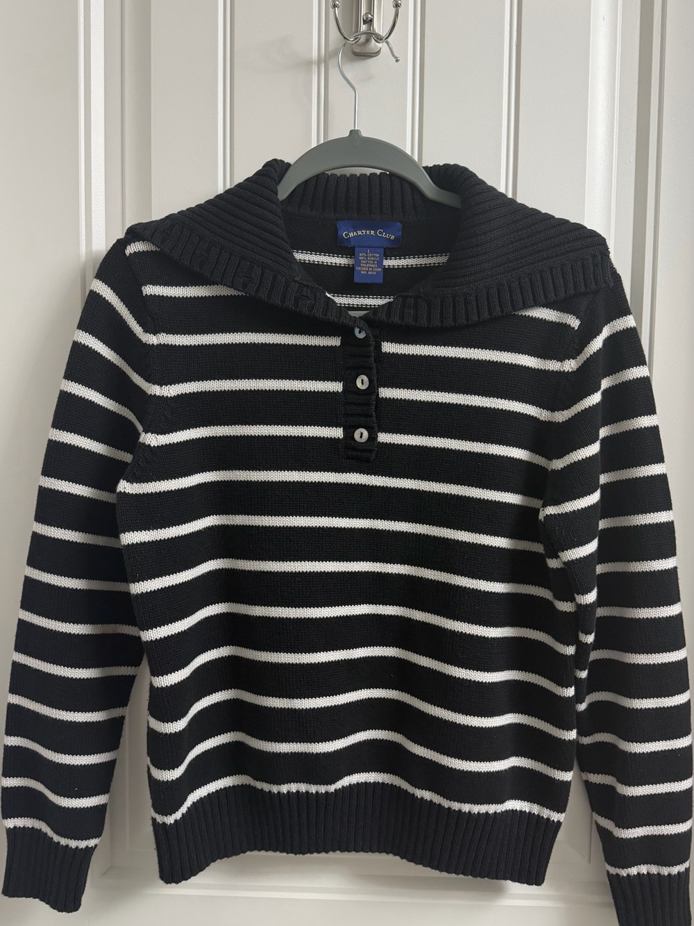 Charter Club Black and White Striped Shawl-Collar Crewneck Sweater